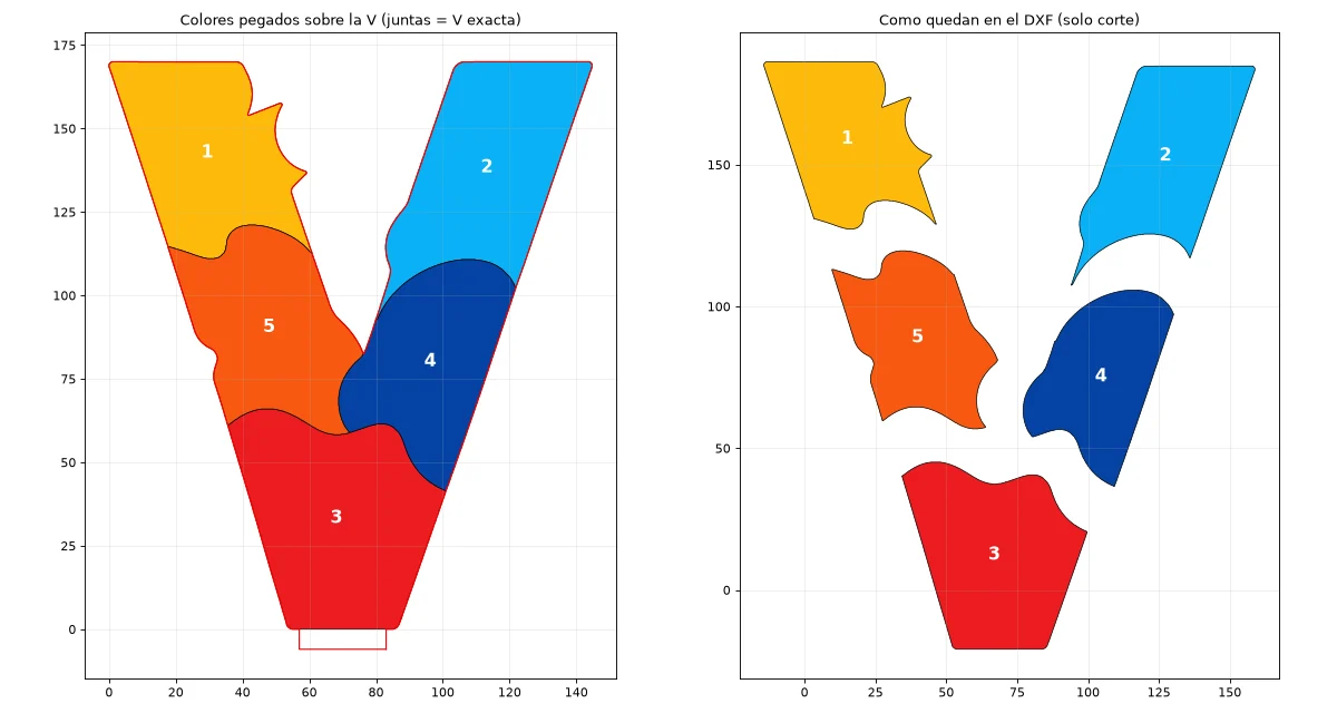 La V separada en sus piezas de color